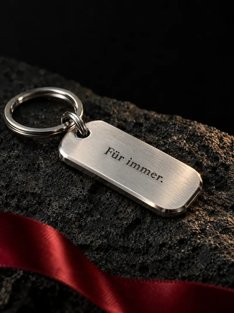 Nahaufnahme eines silberfarbenen Schlüsselanhängers mit der Gravur «Für immer.».
