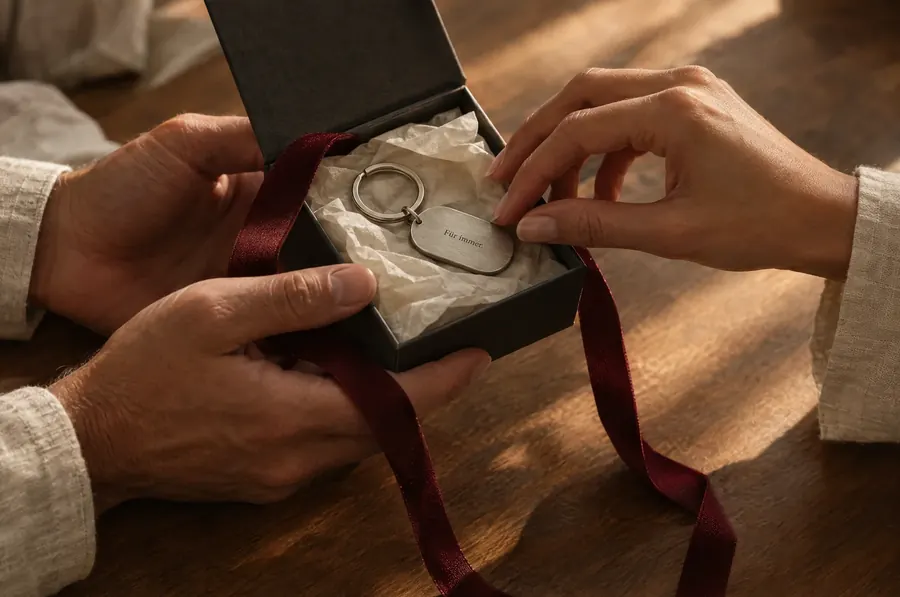 Zwei Hände überreichen eine geöffnete Geschenkbox mit einem gravierten Schlüsselanhänger.